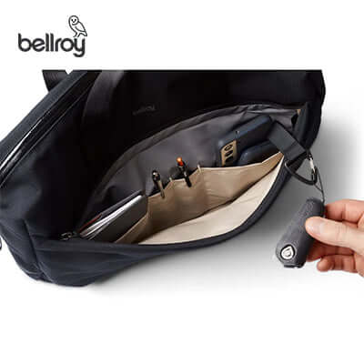 Interior view of the Bellroy Via Workbag showcasing organized compartments and accessories for modern professionals.