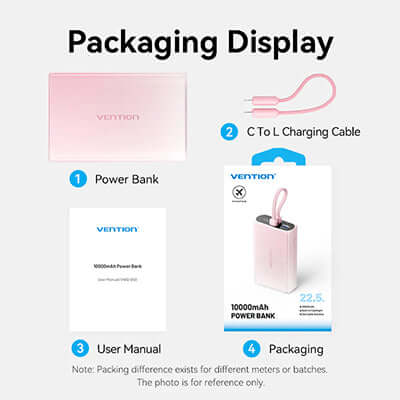 Vention 10000mAh Power Bank 22.5W LED Display packaging display with included components.