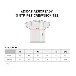 Size chart for adidas Aeroready 3-Stripes Crewneck Tee including width and length measurements.