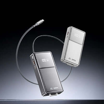Remax FCP-30 45W Powerbank with Retractable Cable - sleek design and dual charging options.
