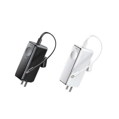 Remax CP-6 Powerbank with Watch Wireless Charging and Wall Plug in black and white colors.