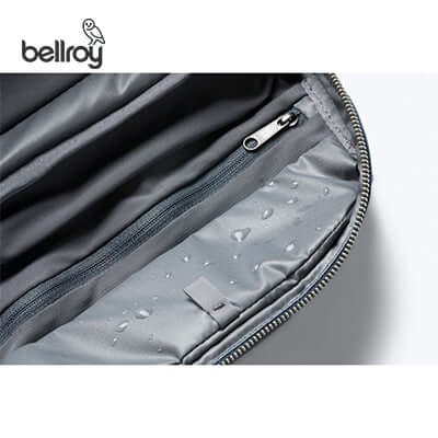 Close-up of the water-resistant lining inside the Bellroy Toiletry Kit Pouch, showcasing its quality and design.