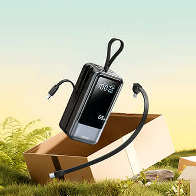 Remax RPP-59 65W Powerbank with Cables 20000mAh displayed with digital battery status.