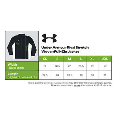 Size guide for Under Armour Rival Stretch Woven Full-Zip Jacket showing width and length measurements.