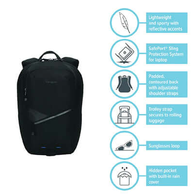 Targus 15-16" Transpire™ Advanced Backpack featuring SafePort® Sling Protection System and multiple compartments.