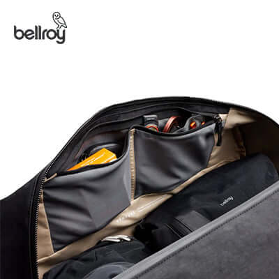 Interior of Bellroy Venture Duffel 55L showing organized pockets and storage compartments for essentials.