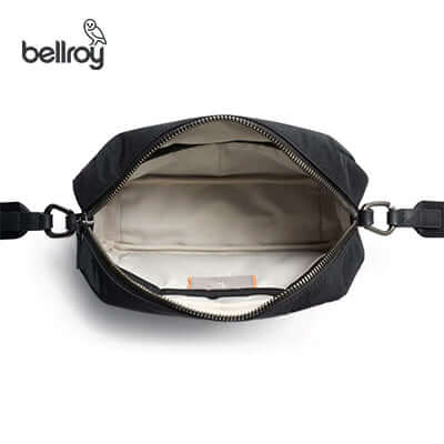 Inside view of the Bellroy Tokyo Crossbody Bag showing spacious storage and organized compartments.