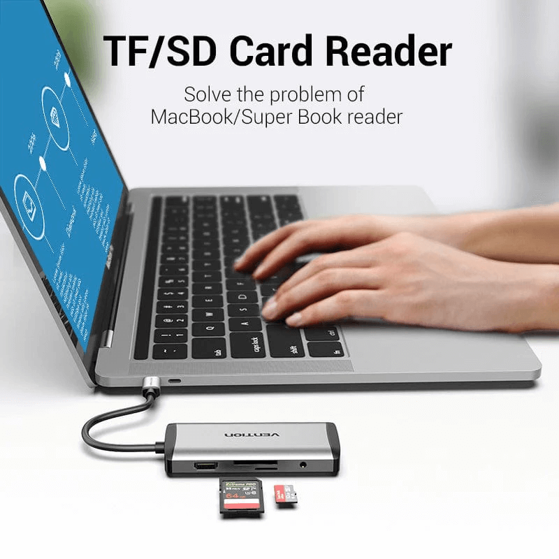 Vention 9-in-1 USB-C USB Hub connected to a laptop, featuring TF/SD card reader functionality.