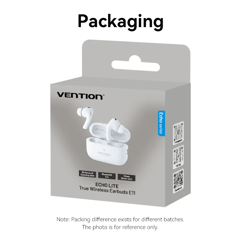 Vention True Wireless Bluetooth Earbuds Echo Lite E11 packaging box showcasing design and features.