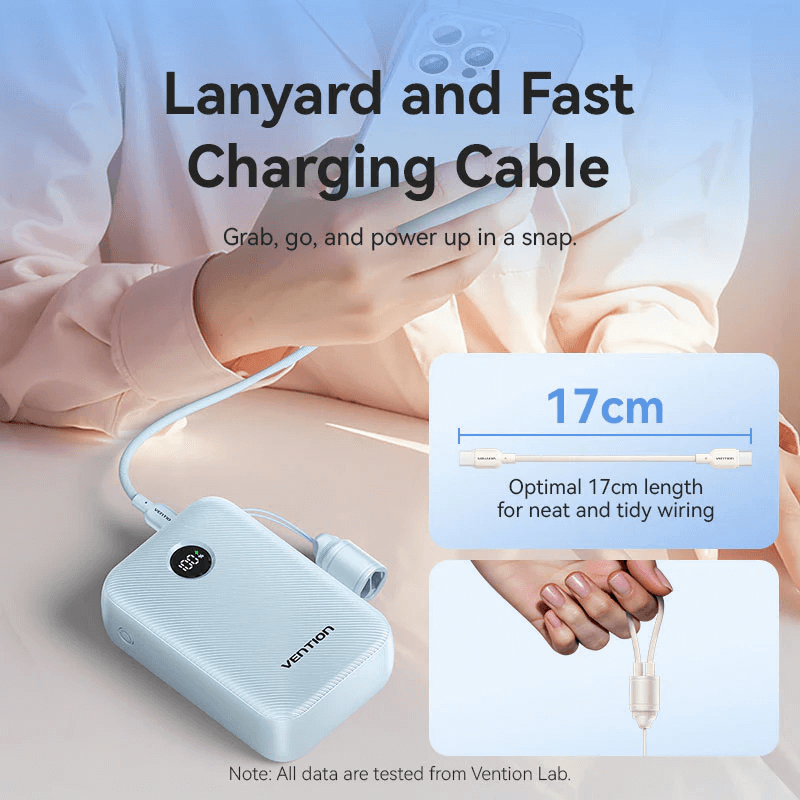 Vention Compact 20000mAh Power Bank 22.5W with lanyard and fast charging cable.