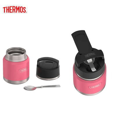 Thermos ICON IS3102 Kids Food Jar with Foldable Spoon in pink with spoon, perfect for meals on the go.