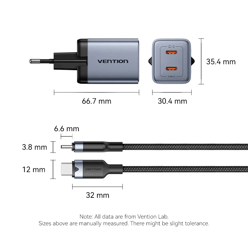 Vention 2-Port GaN Charger 45W with Cable (1M) dimensions showcasing size details and design features.