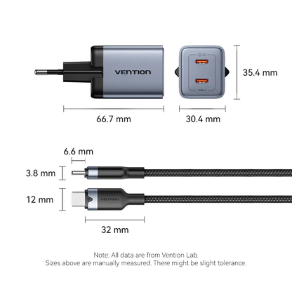Vention 2-Port GaN Charger 45W with Cable (1M) dimensions showcasing size details and design features.