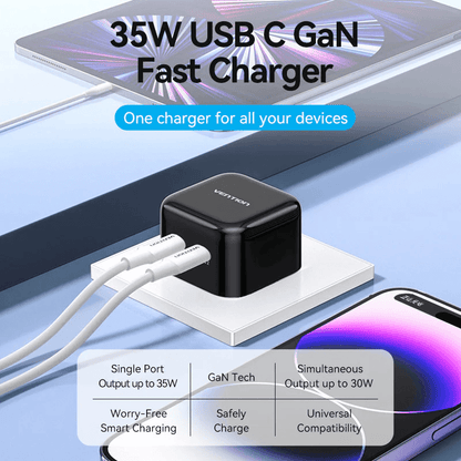 Vention 2-Port USB (C+C) GaN Charger 35W on a desk with two cables connected, efficient charging solution.