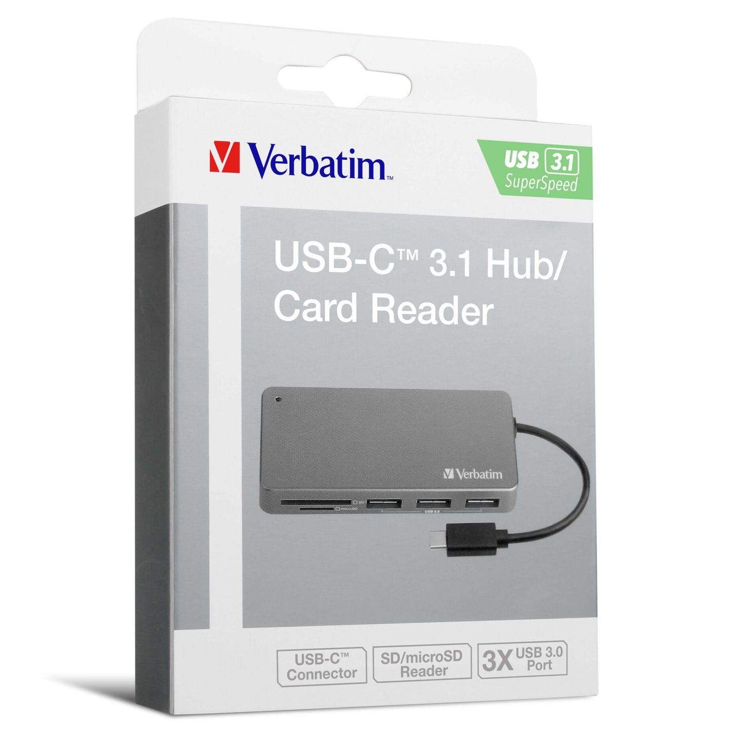 Verbatim USB-C 3.1 Hub & Card Reader 65679 packaging with USB ports for seamless connectivity.