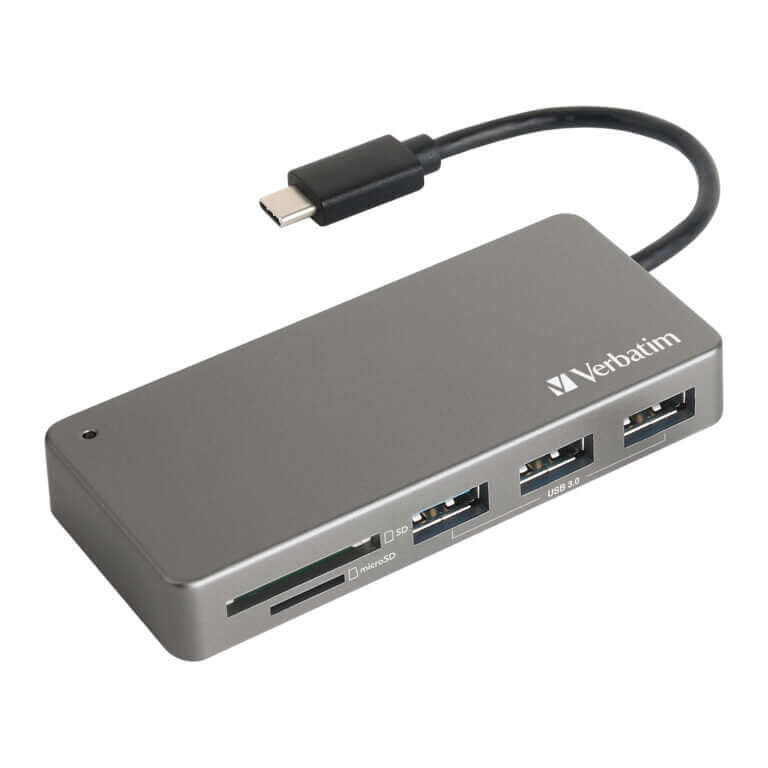 Verbatim USB-C 3.1 Hub & Card Reader 65679 with multiple ports and cable for connectivity.