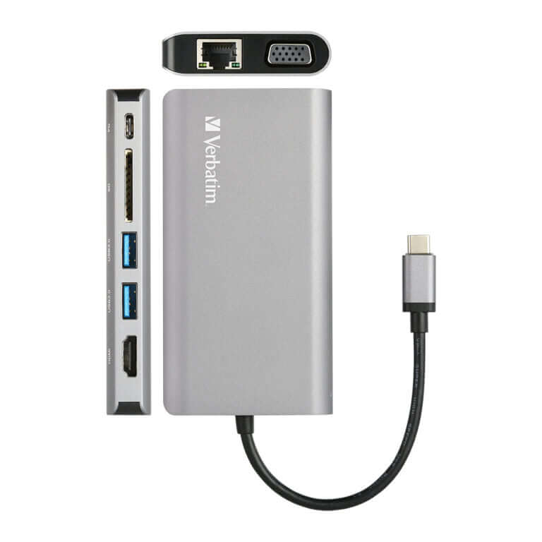 Verbatim 8-in-1 Type C Hub 66148 featuring USB ports, HDMI, VGA, and Ethernet connection.
