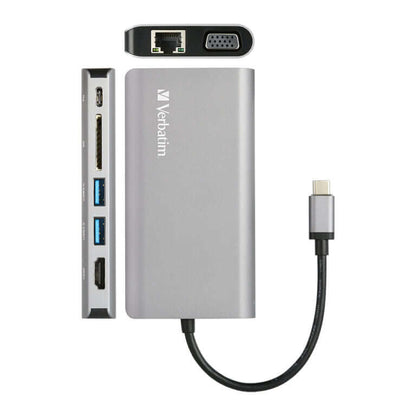Verbatim 8-in-1 Type C Hub 66148 featuring USB ports, HDMI, VGA, and Ethernet connection.