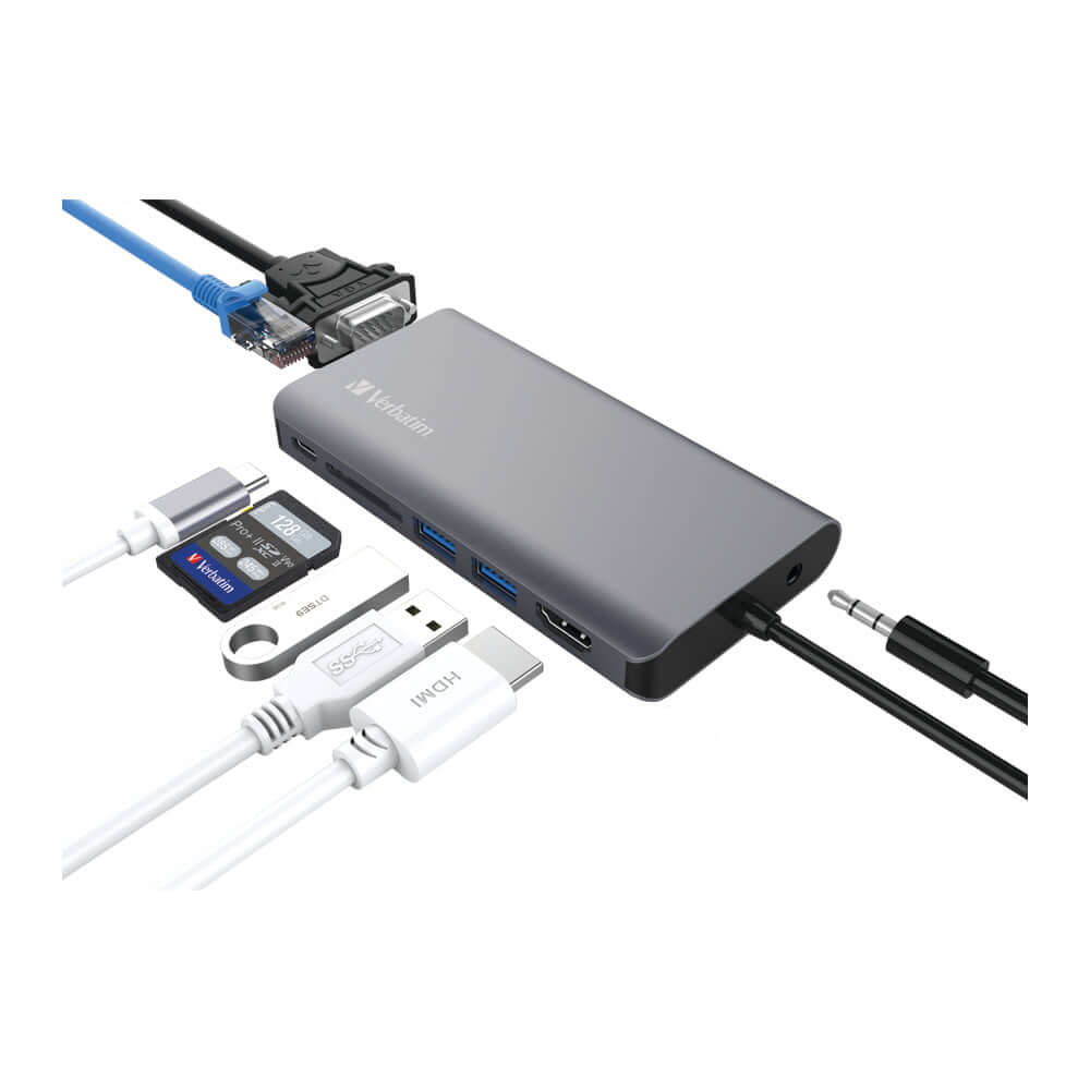 Verbatim 8-in-1 Type C Hub 66148 showcasing multiple ports for connectivity and data transfer.