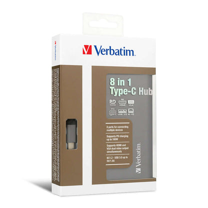 Verbatim 8-in-1 Type C Hub 66148 packaging showcasing its versatile features and multiple ports.