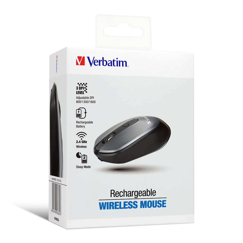 Verbatim Rechargeable Wireless Mouse 66381 packaging showcasing adjustable DPI and rechargeable features.