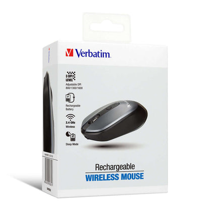 Verbatim Rechargeable Wireless Mouse 66381 packaging showcasing adjustable DPI and rechargeable features.