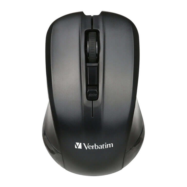 Verbatim USB Optical Wireless Mouse in black, featuring adjustable sensitivity and ergonomic design.