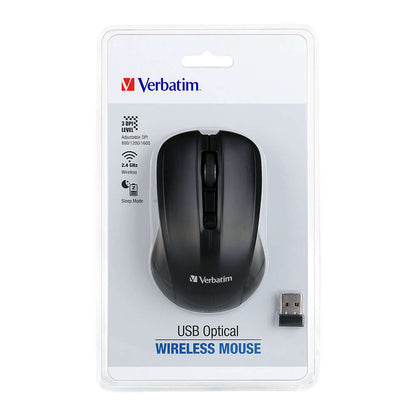 Verbatim USB Optical Wireless Mouse in packaging showcasing adjustable DPI settings and wireless USB receiver.