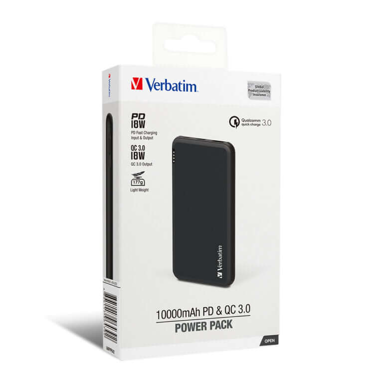 Verbatim 10000mAh 18W PD & QC 3.0 Power Pack packaging showcasing features and design.