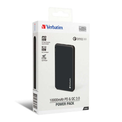 Verbatim 10000mAh 18W PD & QC 3.0 Power Pack packaging showcasing features and design.