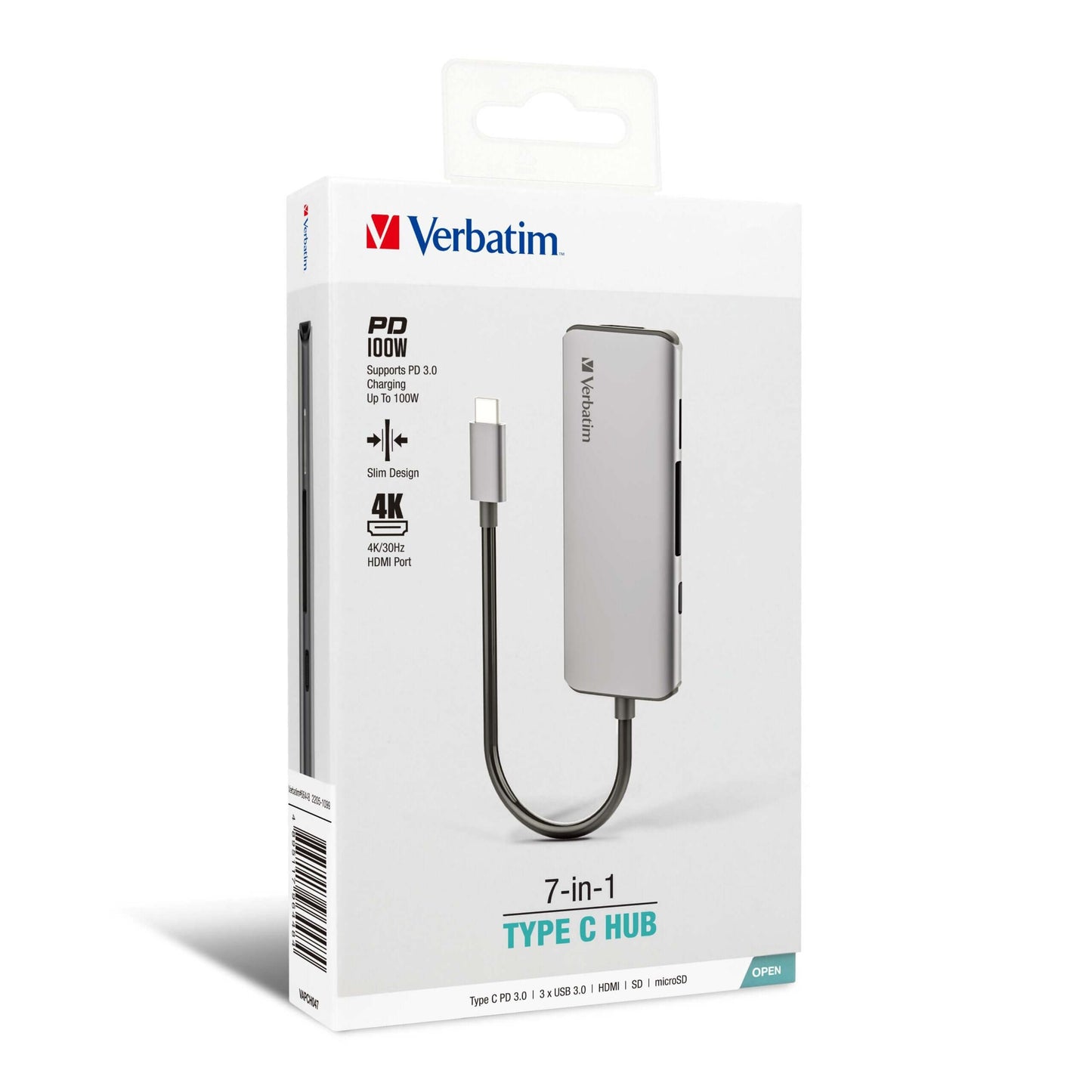 Verbatim 7-in-1 Type C Hub 66448 packaging showing multiple connectivity options with slim design.