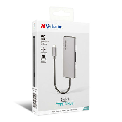Verbatim 7-in-1 Type C Hub 66448 packaging showing multiple connectivity options with slim design.