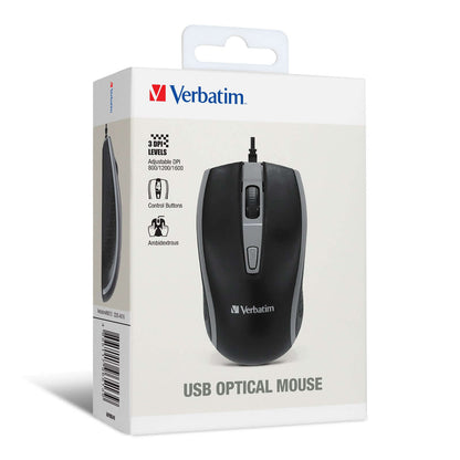 Verbatim USB Optical Wired Mouse 66513 packaging displaying ergonomic design and adjustable sensitivity levels.