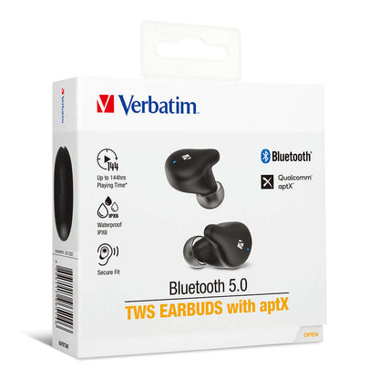 Verbatim Bluetooth 5.0 TWS Earbuds with aptX packaging featuring waterproof rating and 14 hours playtime.