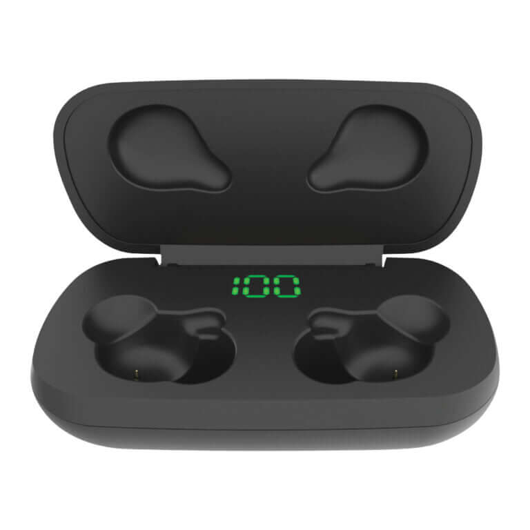 Verbatim Bluetooth 5.0 TWS Earbuds with aptX in charging case displaying battery percentage.