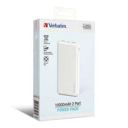 Verbatim 10000mAh 2 Port Power Pack in white packaging, ideal for charging two devices simultaneously.