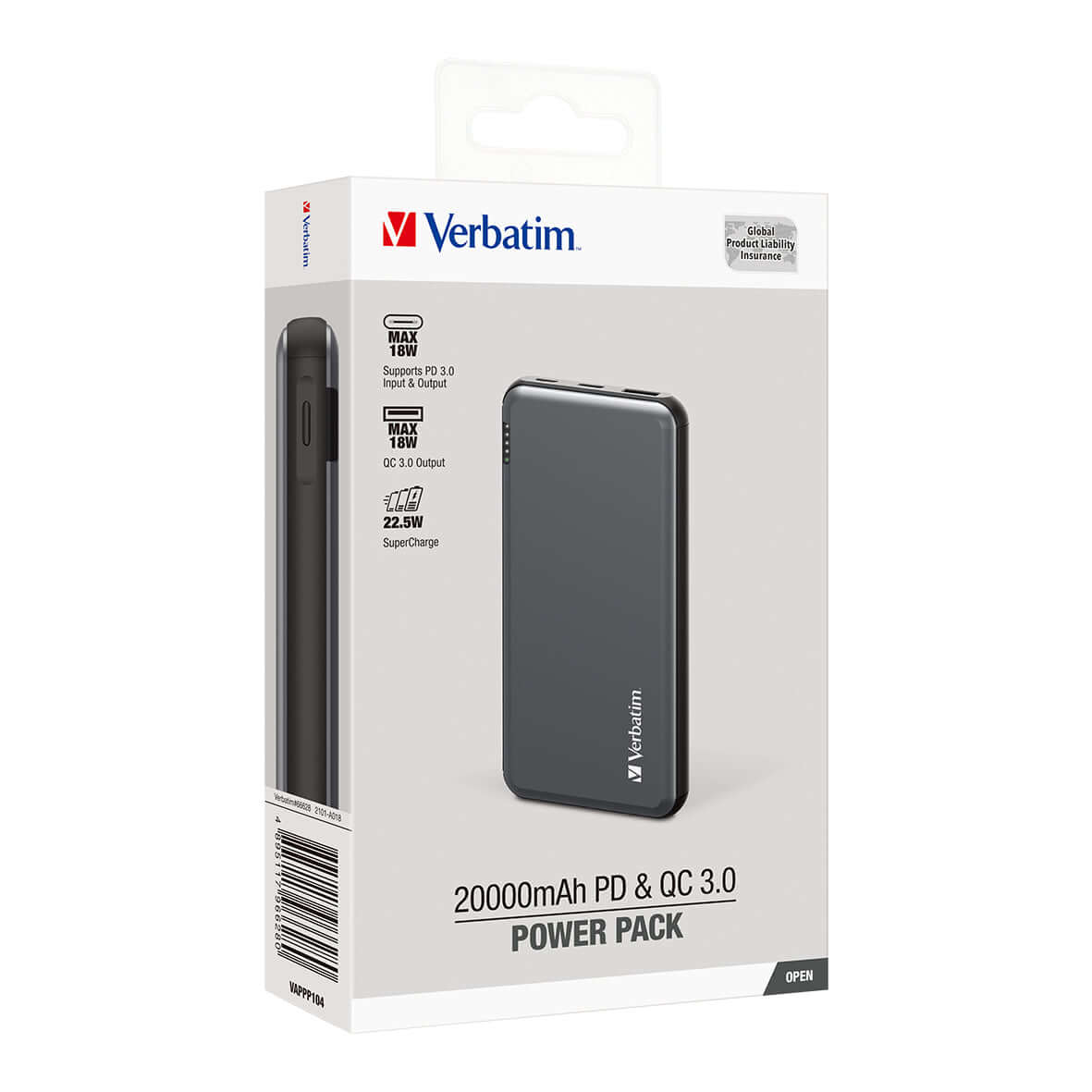 Verbatim 20000mAh 22.5W PD & QC 3.0 Power Pack packaged for display.