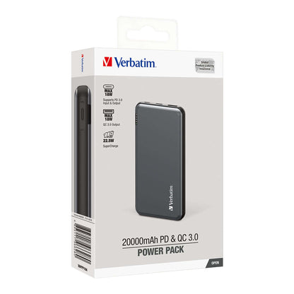 Verbatim 20000mAh 22.5W PD & QC 3.0 Power Pack packaged for display.