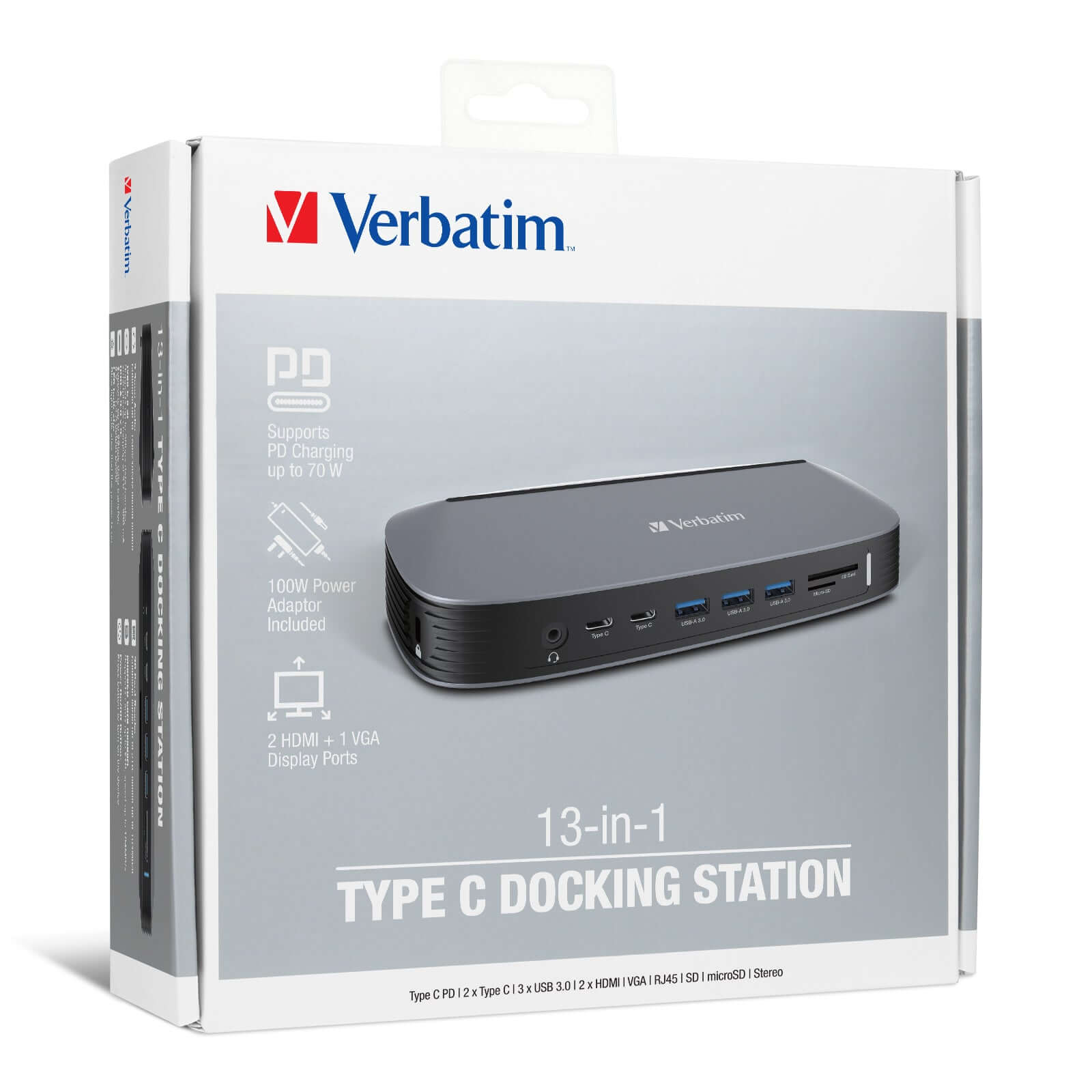 Verbatim 13-in-1 Type C Docking Station with AC Adaptor 100W packaging showcasing features and ports.