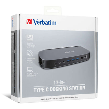 Verbatim 13-in-1 Type C Docking Station with AC Adaptor 100W packaging showcasing features and ports.