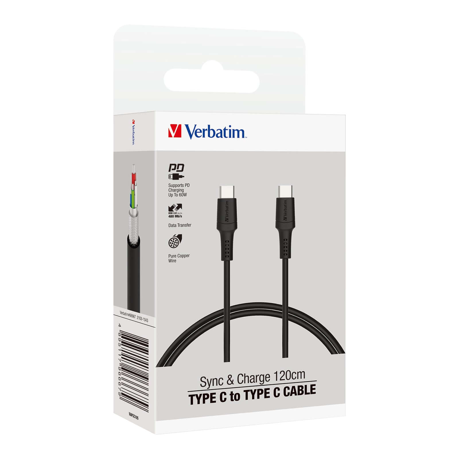 Verbatim Type C to Type C Sync & Charge Cable 66667 in packaging, designed for efficiency and durability.