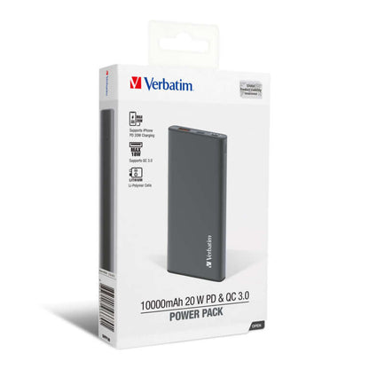 Verbatim 10000mAh 20W PD & QC 3.0 Power Pack packaging showcasing sleek design and features.