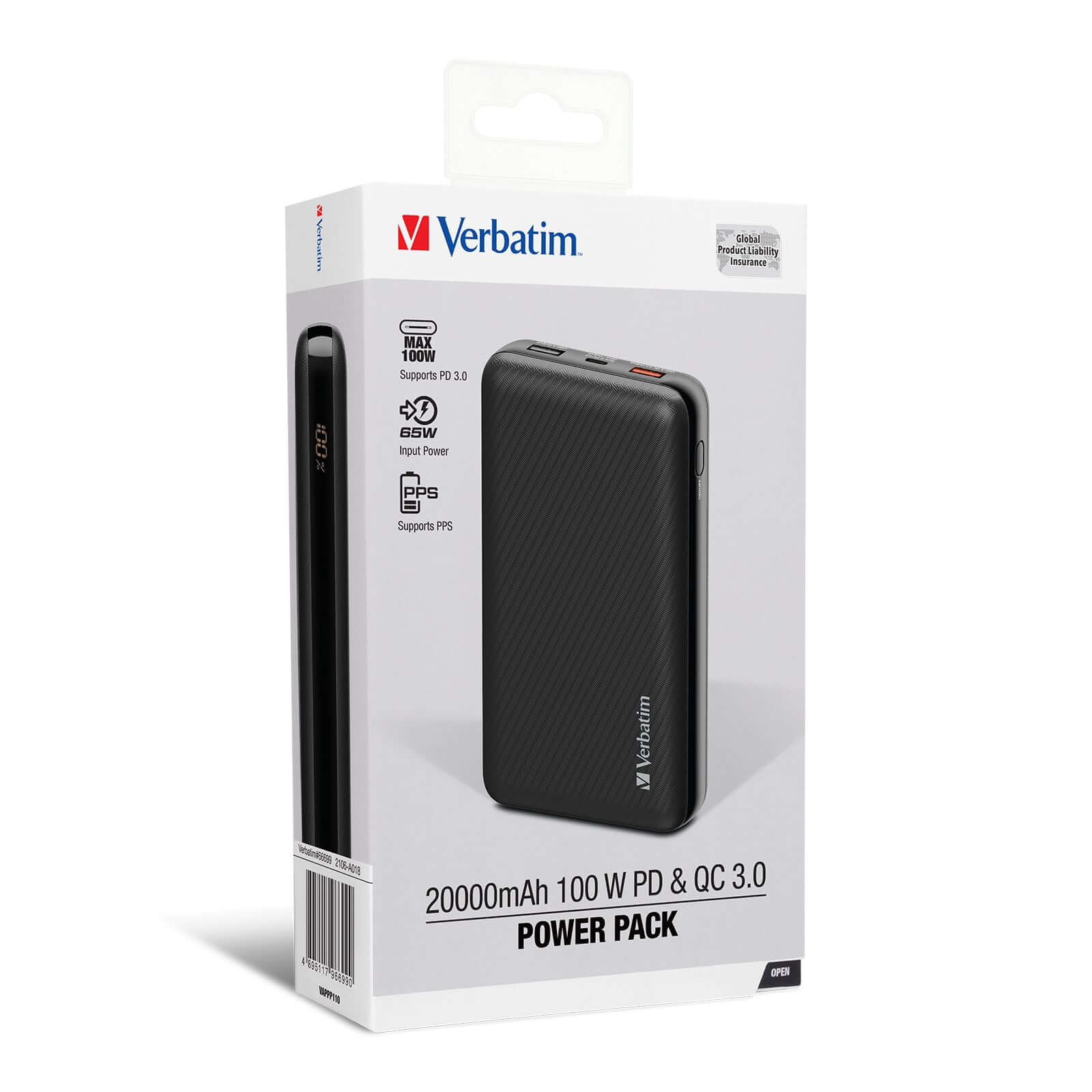 Verbatim 20000mAh 100W PD & QC 3.0 Power Pack packaging with specifications and features.