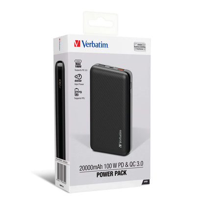 Verbatim 20000mAh 100W PD & QC 3.0 Power Pack packaging with specifications and features.