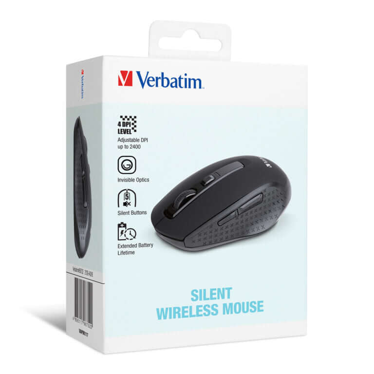 Verbatim Silent Wireless Mouse 66752 packaging showcasing a sleek black design, ideal for quiet work environments.