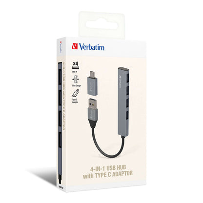 Verbatim 4-in-1 USB Hub with Type C Adaptor 66753 packaging, featuring four USB-A ports and a Type C adaptor.