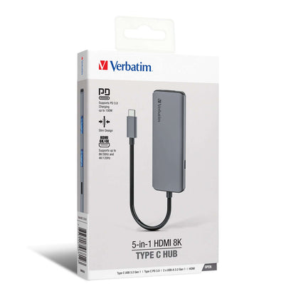Verbatim 5-in-1 HDMI 8K Type C Hub 66812 product packaging with connectivity features highlighted.