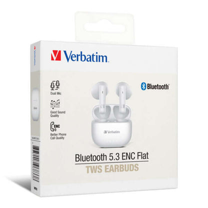Verbatim Bluetooth 5.3 ENC Flat TWS Earbuds package with features and branding.