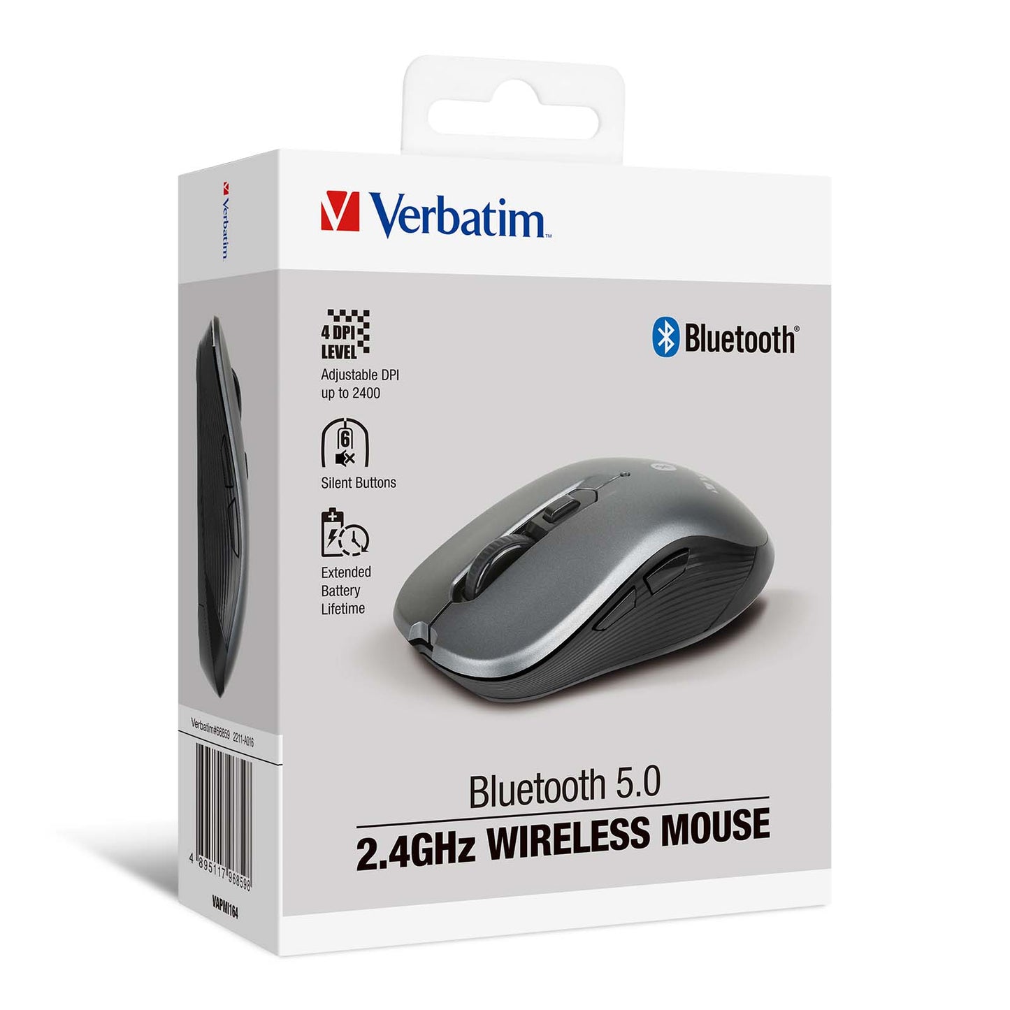 Verbatim Bluetooth 5.0 2.4GHz Wireless Mouse 66859 packaging showcasing features and sleek design.