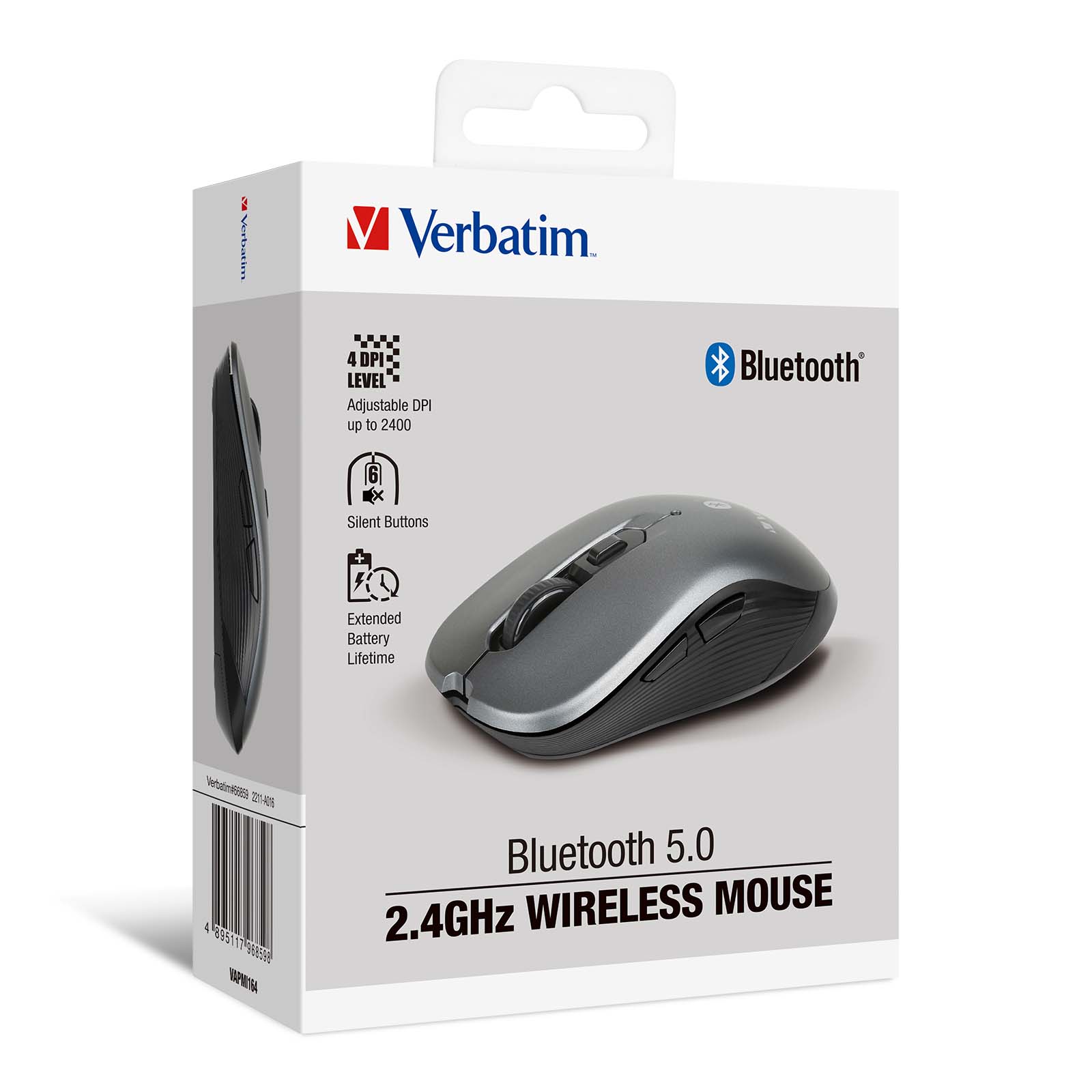 Verbatim Bluetooth 5.0 2.4GHz Wireless Mouse 66859 packaging showcasing features and sleek design.